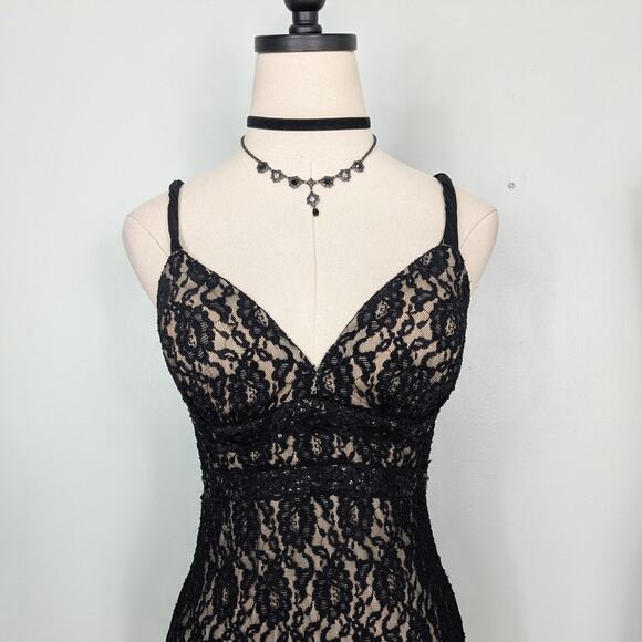 Vintage Betsy Adam Prom Dress Midi Gown 8 Black Y2K Fairy Goth Lace Babydoll - Picture 1 of 10